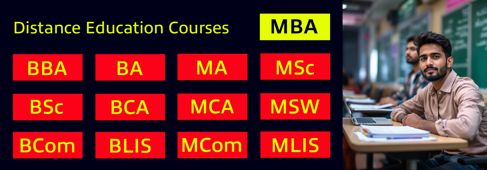 Distance education courses including MBA, BBA, BA, MA, MSc, BSc, BCA, MCA, MSW, BCom, BLIS, MCom and MLIS